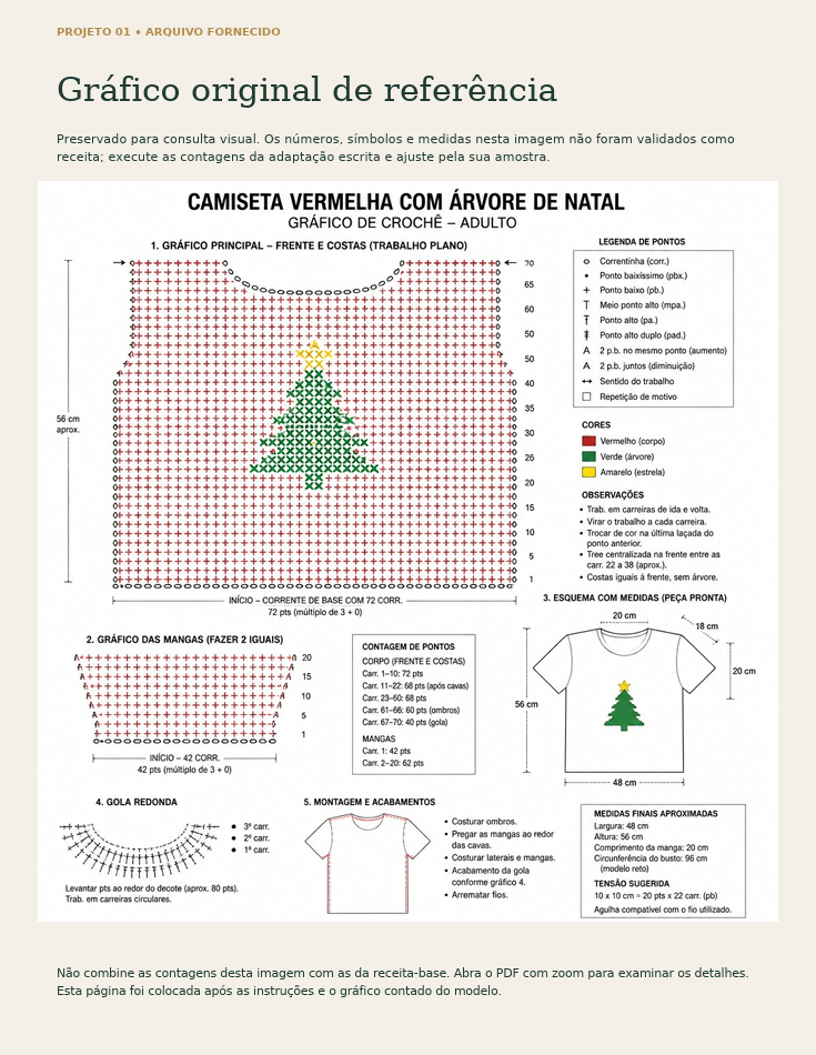 Gráfico original de referência da camiseta com árvore de Natal, legenda de pontos e medidas