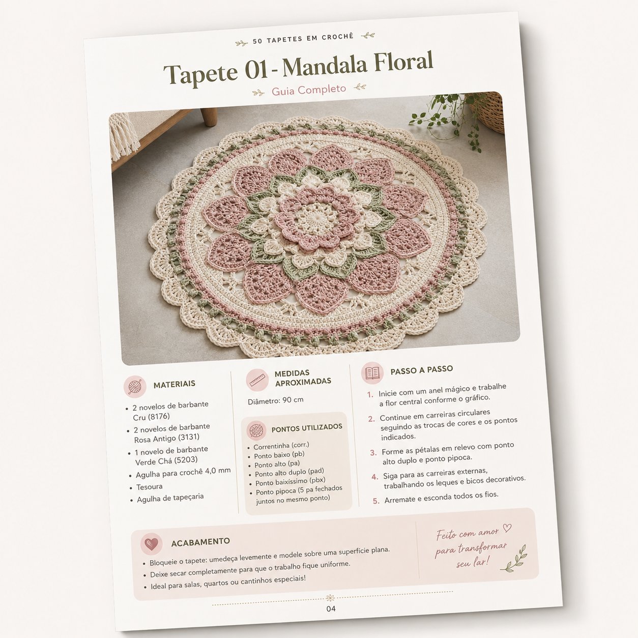 Página do PDF: Projeto 01 - Tapete Mandala Floral com materiais, cores e passo a passo