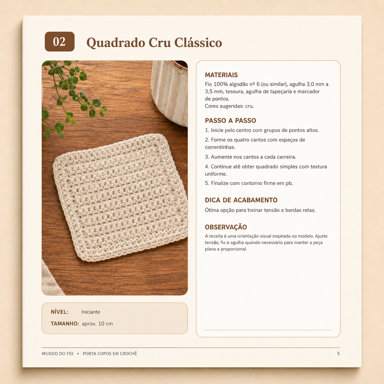 Página 02 do PDF: projeto Quadrado Cru Clássico com foto, materiais e passo a passo