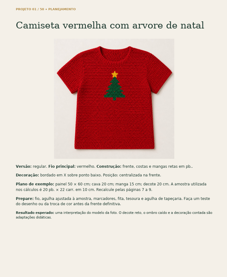 Página do projeto 01 com foto da camiseta vermelha de árvore de Natal e o planejamento da peça
