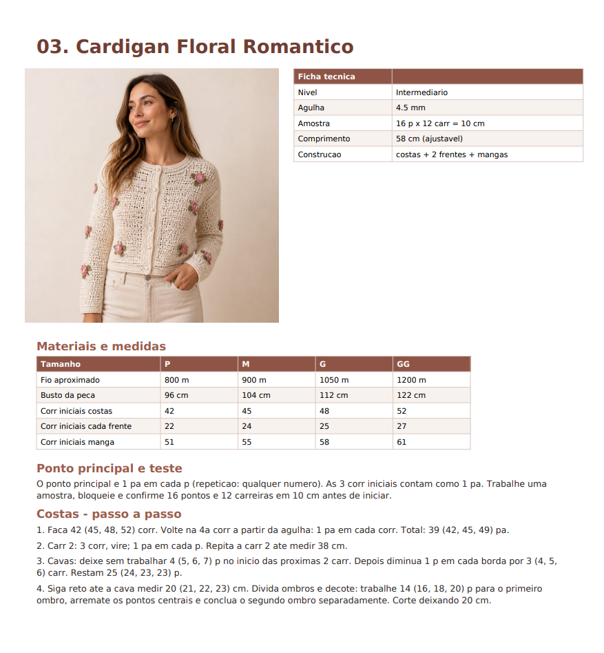 Página do guia: 03 Cardigan Floral Romântico com tabela de medidas e contagens