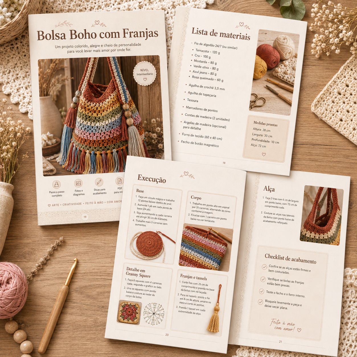 Páginas do PDF: Bolsa Boho com Franjas com lista de materiais, execução e alça