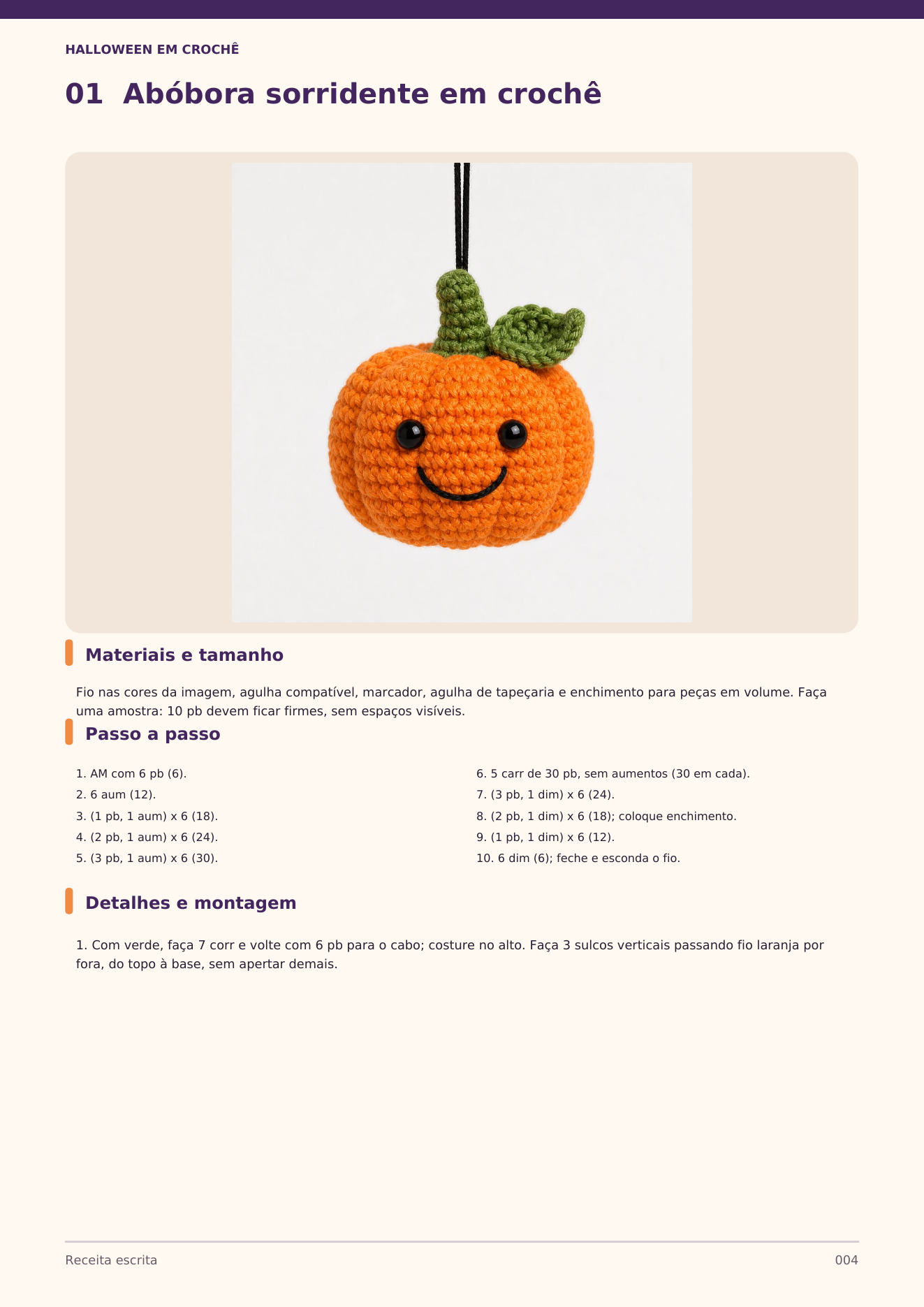 Receita escrita da abóbora sorridente em crochê