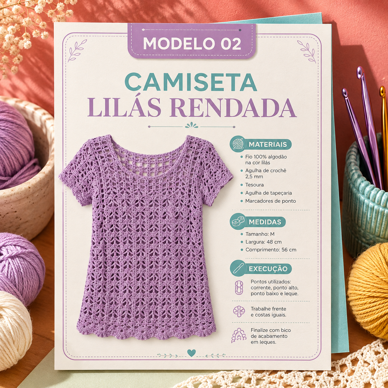 Página do guia com o Modelo 02 Camiseta Lilás Rendada, materiais, medidas e execução