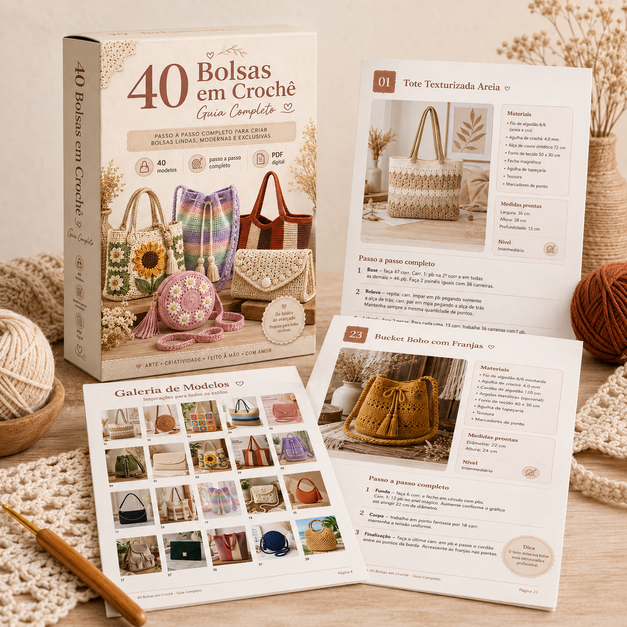 Caixa do guia com páginas internas: galeria de modelos, Tote Texturizada Areia e Bucket Boho com Franjas