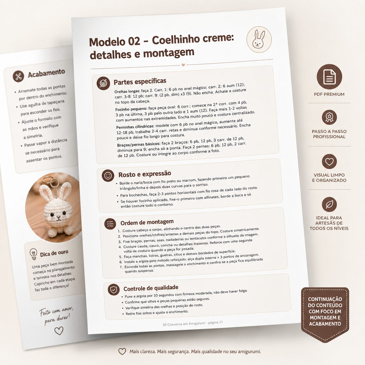 Página do PDF com partes específicas, rosto, ordem de montagem e controle de qualidade