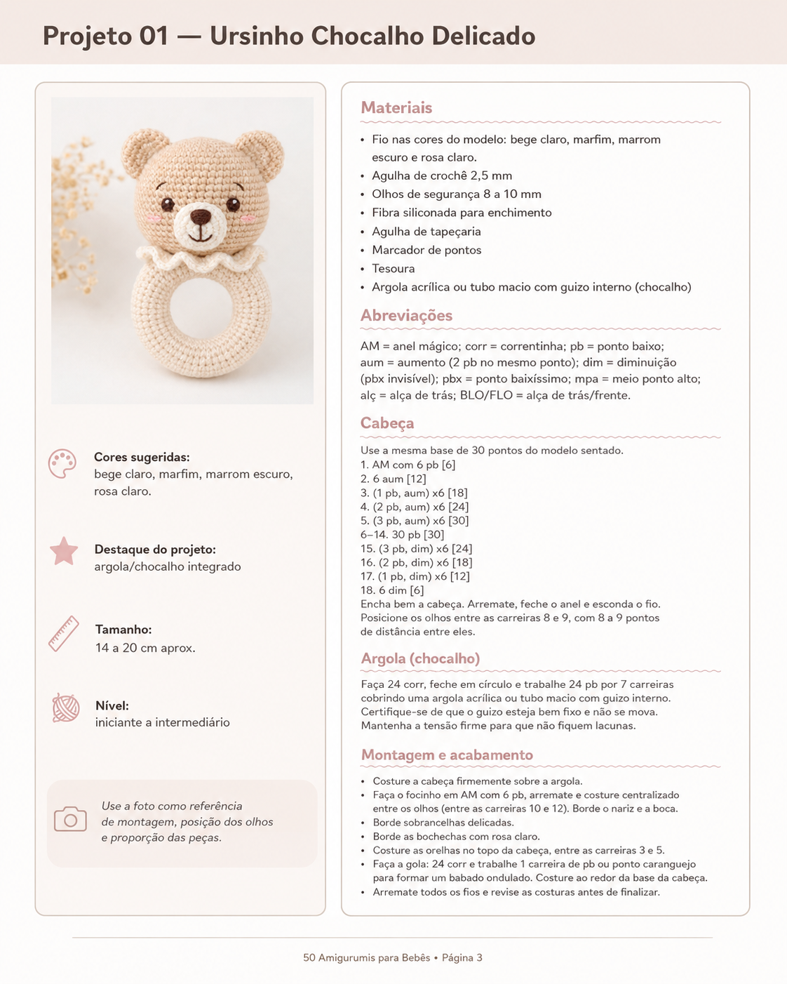 Página do PDF: Ursinho Chocalho Delicado com materiais, abreviações e montagem