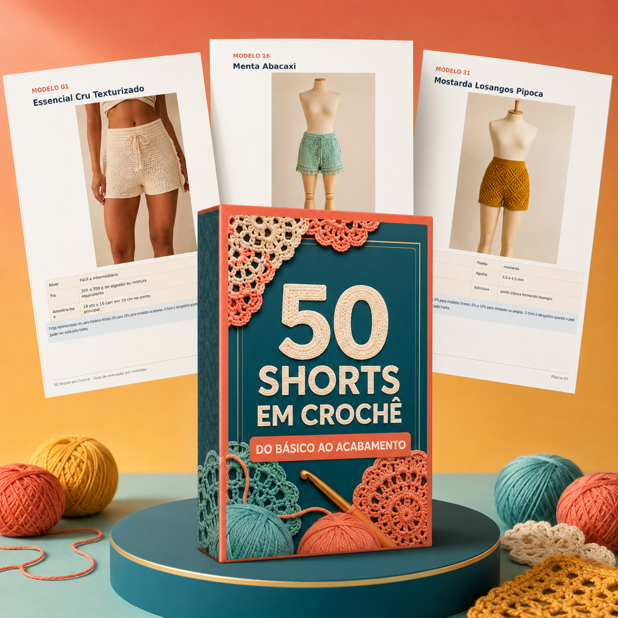 Caixa do guia 50 Shorts em Crochê com as páginas internas das receitas