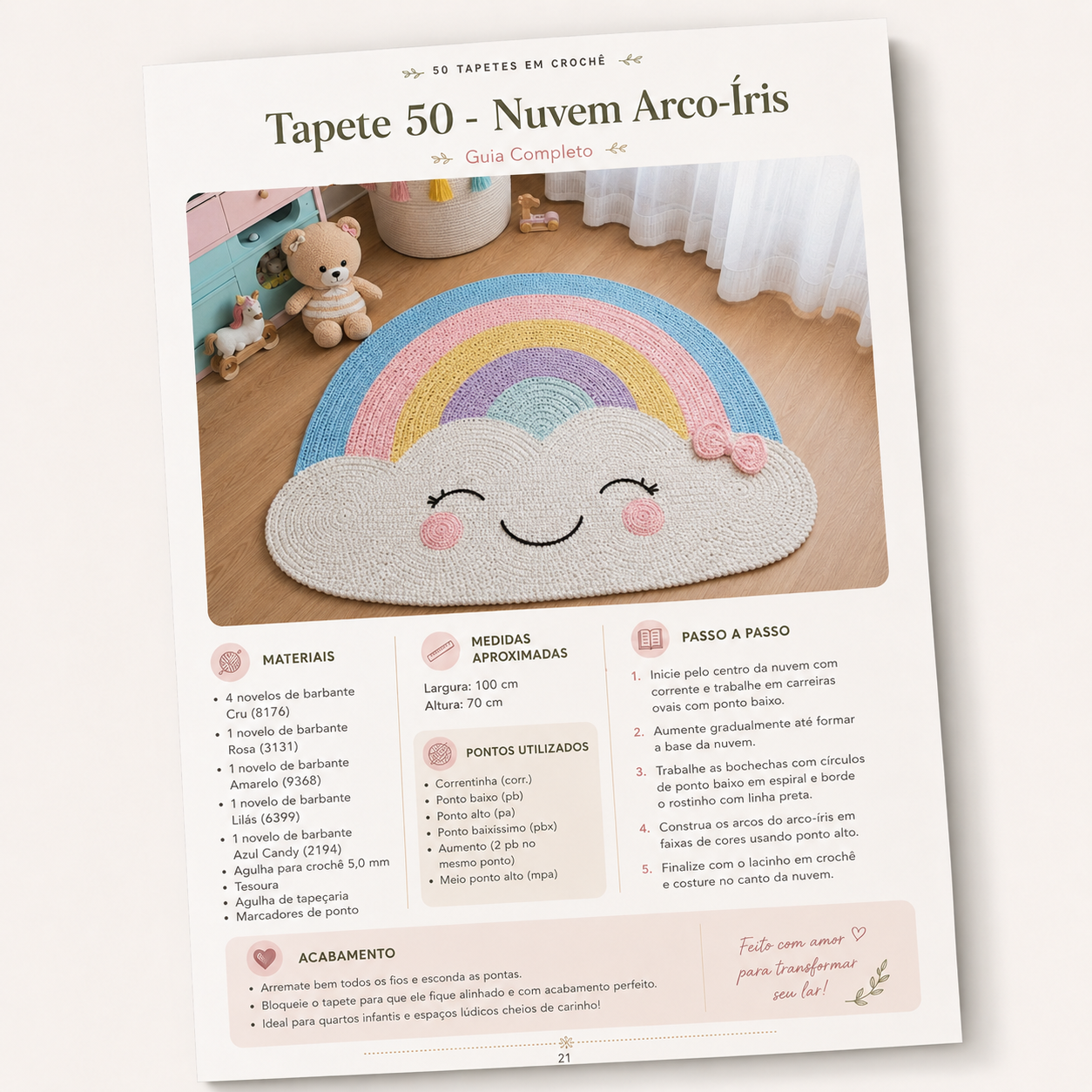 Página do PDF: Projeto 50 - Tapete Nuvem Arco-Íris com receita e acabamento
