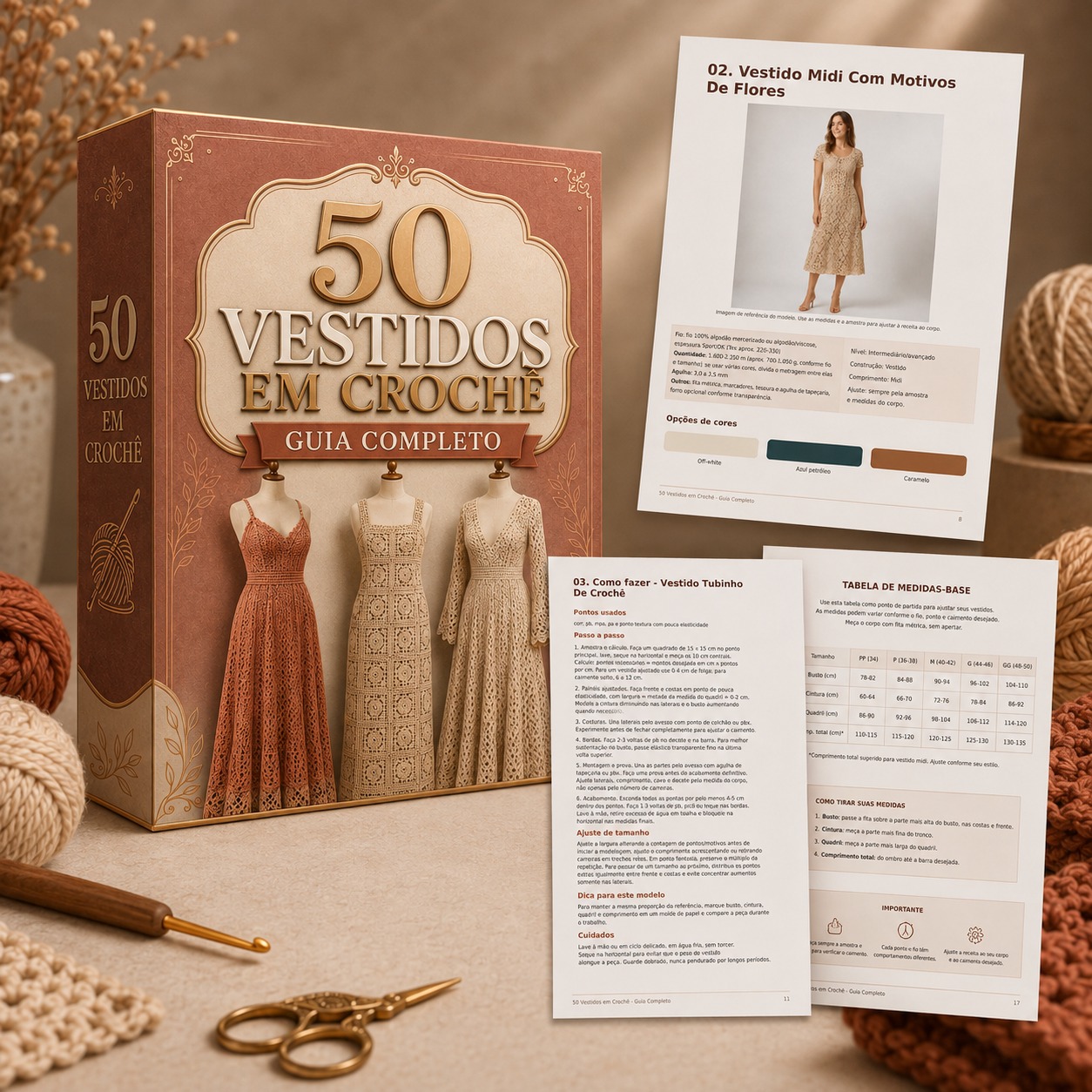 Caixa do guia 50 Vestidos em Crochê com páginas internas do PDF