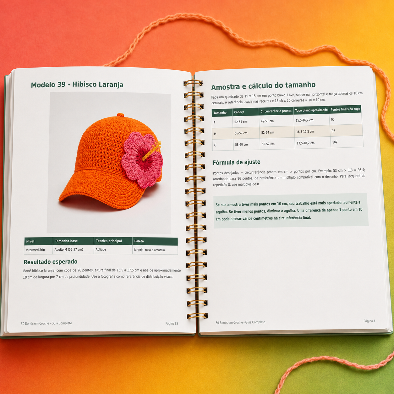 Página do guia com o boné hibisco laranja e as orientações de execução