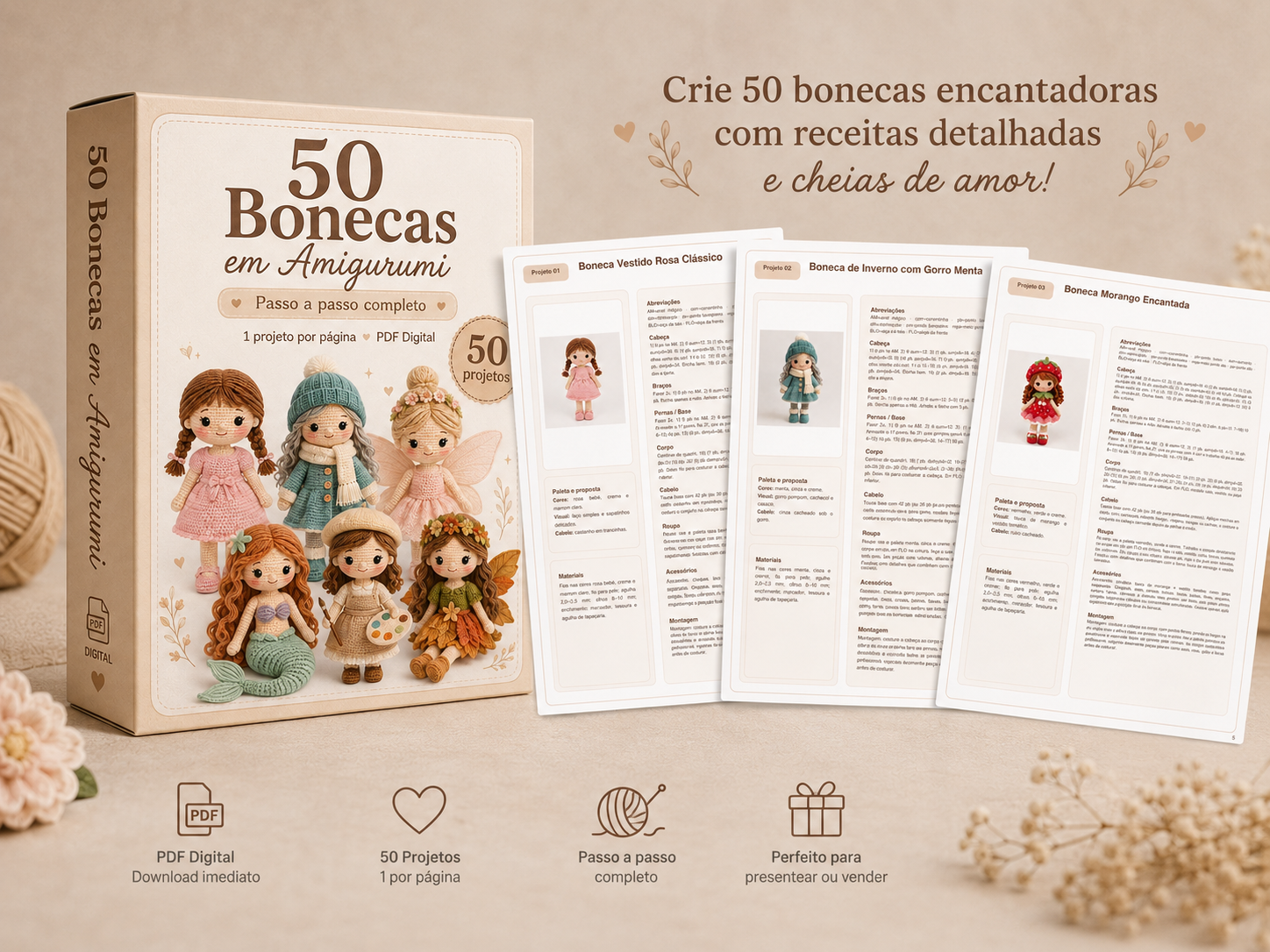 Caixa do material com as páginas internas das bonecas em amigurumi