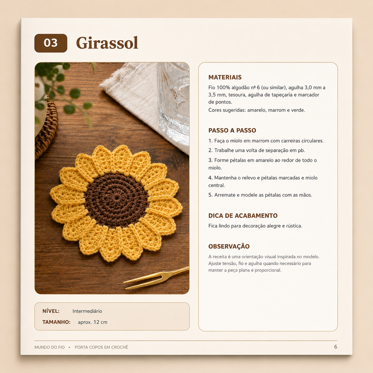 Página 03 do PDF: projeto Girassol com foto, materiais e passo a passo