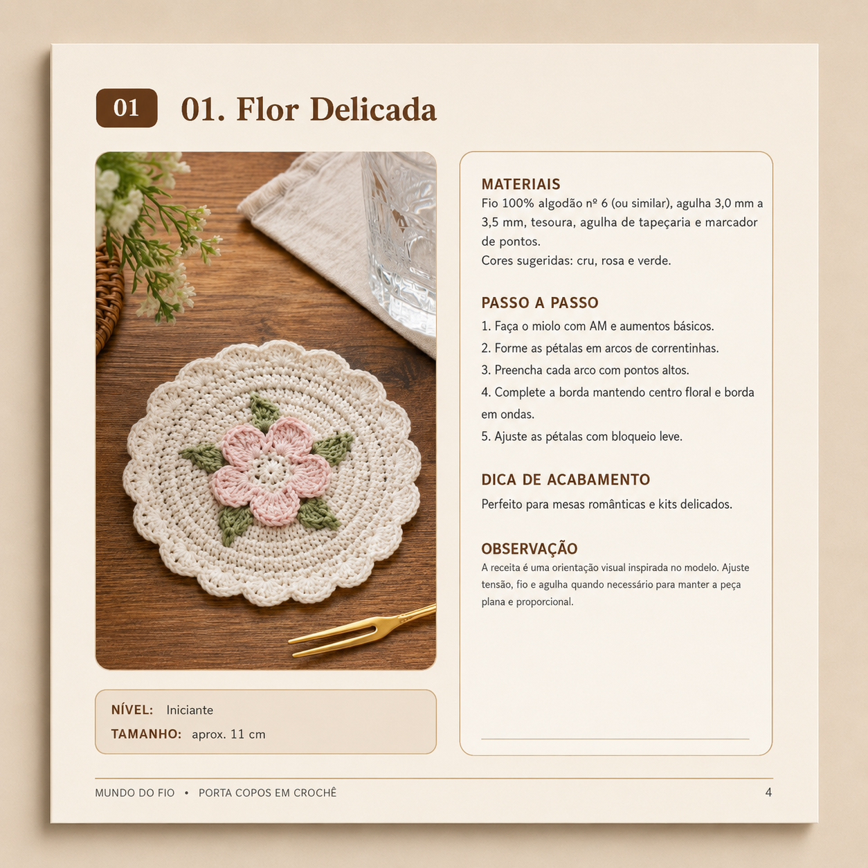 Página 01 do PDF: projeto Flor Delicada com foto, materiais e passo a passo
