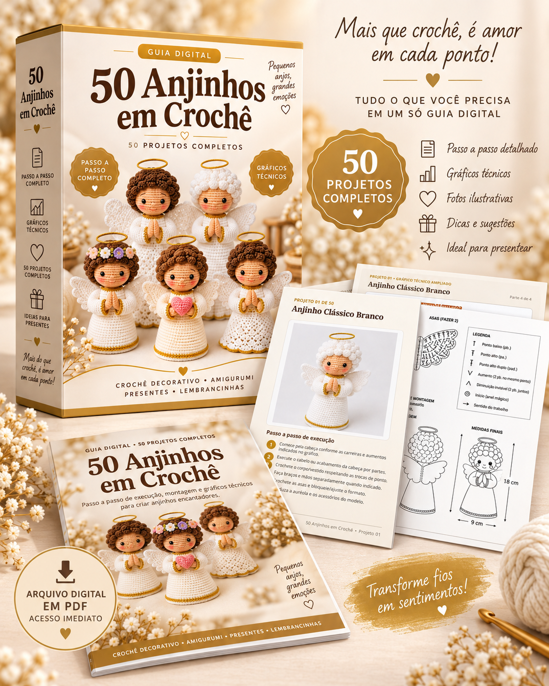 Caixa e páginas do guia 50 Anjinhos em Crochê