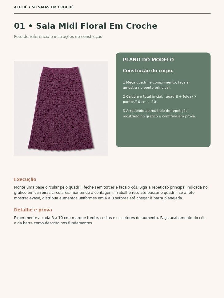 Modelo de saia com foto de referência e orientações de construção