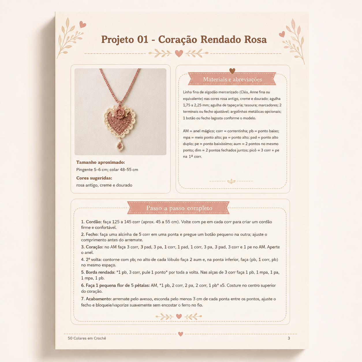 Página do PDF: colar Coração Rendado Rosa com materiais, abreviações e passo a passo