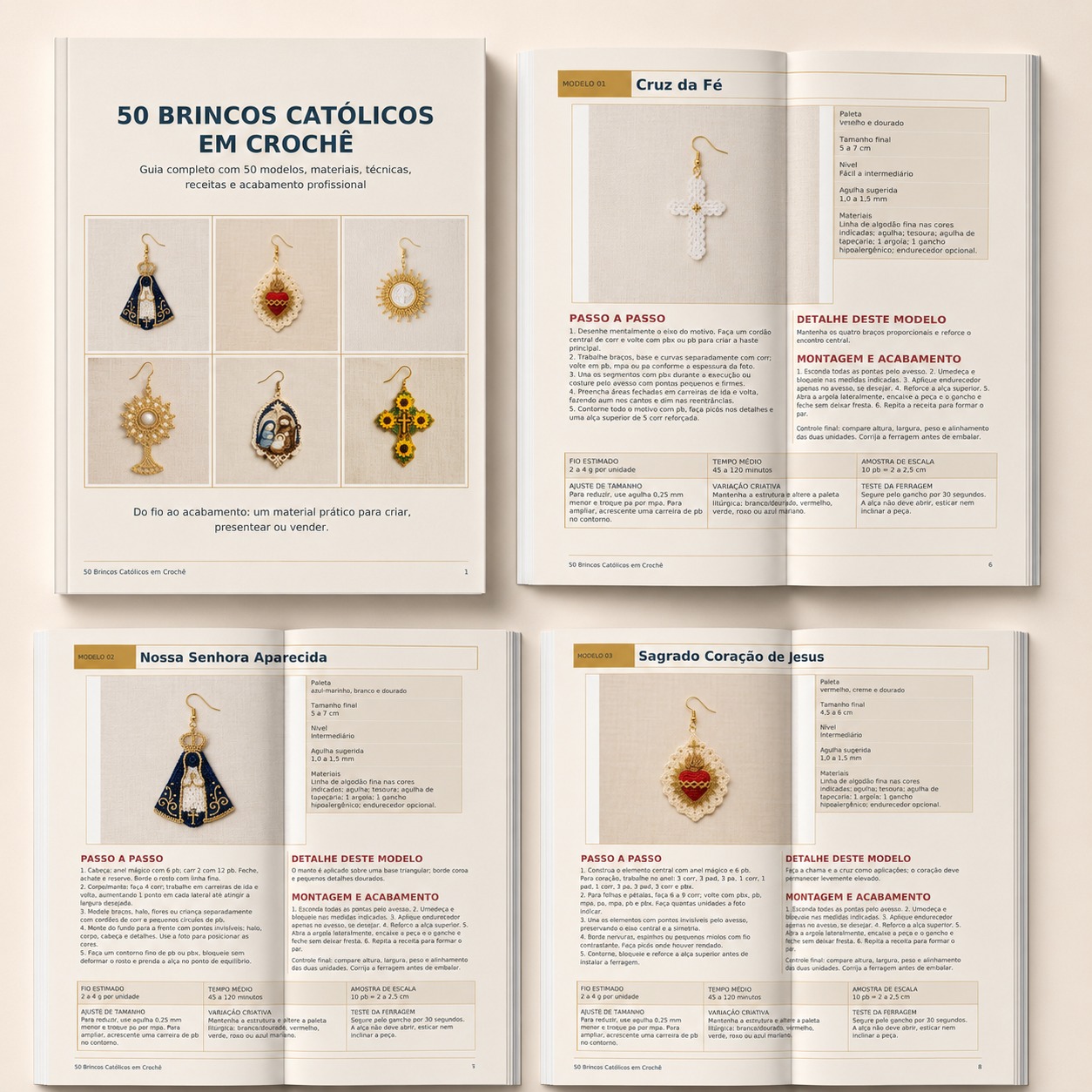 Caixa do material com páginas internas do PDF de brincos católicos em crochê