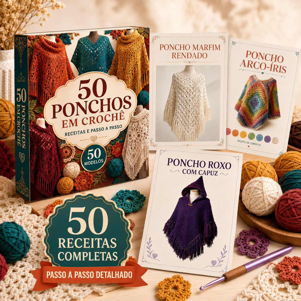 Caixa do guia 50 Ponchos em Crochê com as páginas das receitas