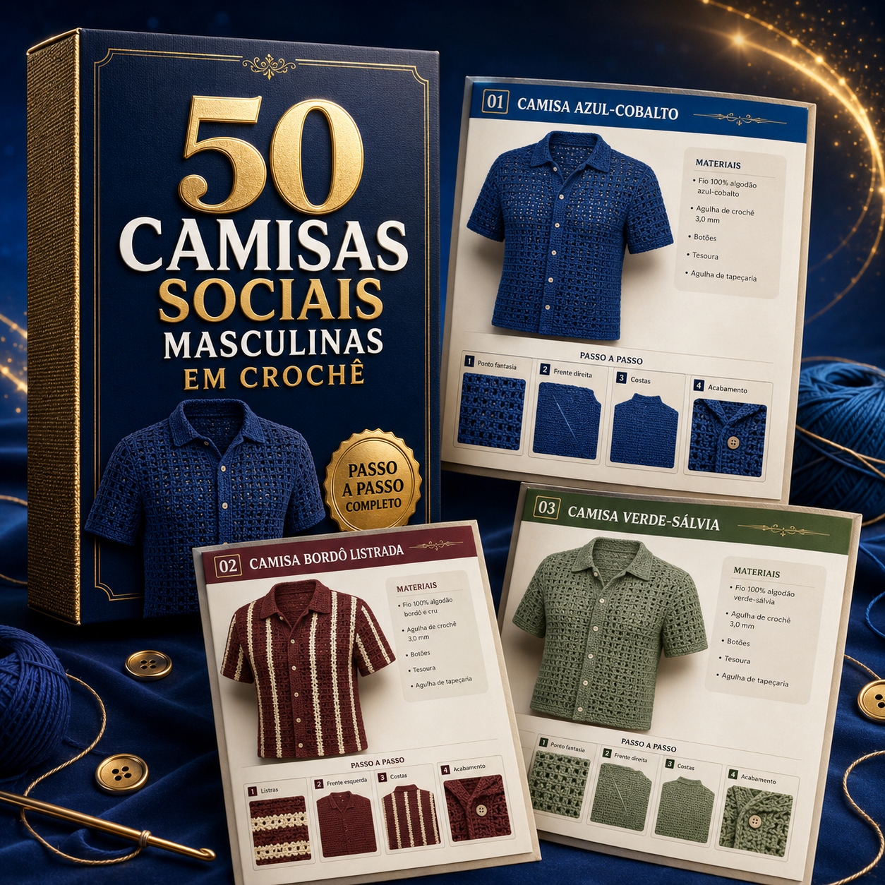 Caixa do guia com as páginas internas das camisas sociais masculinas em crochê