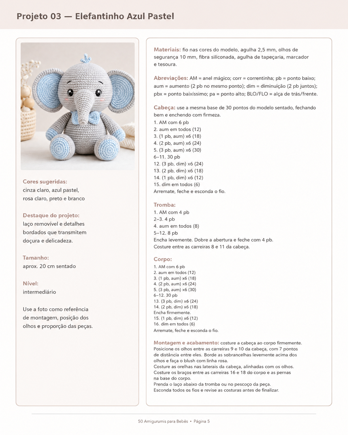 Página do PDF: Elefantinho Azul Pastel com passo a passo por partes