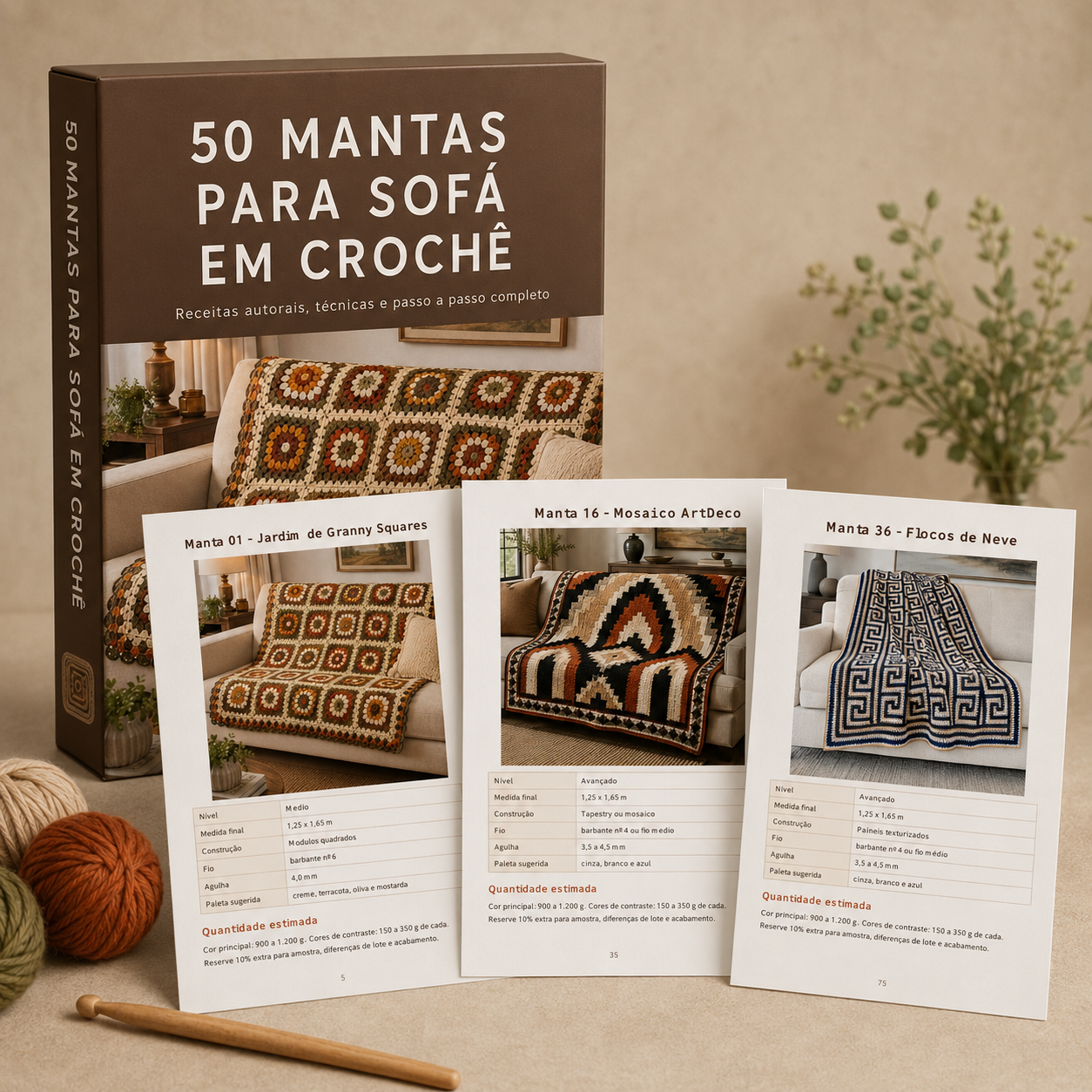 Caixa do guia 50 Mantas para Sofá em Crochê com páginas do PDF