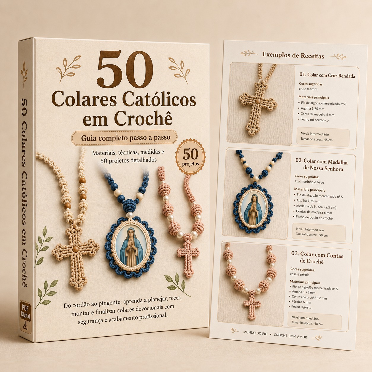 Caixa do material com página de exemplos de receitas de colares católicos