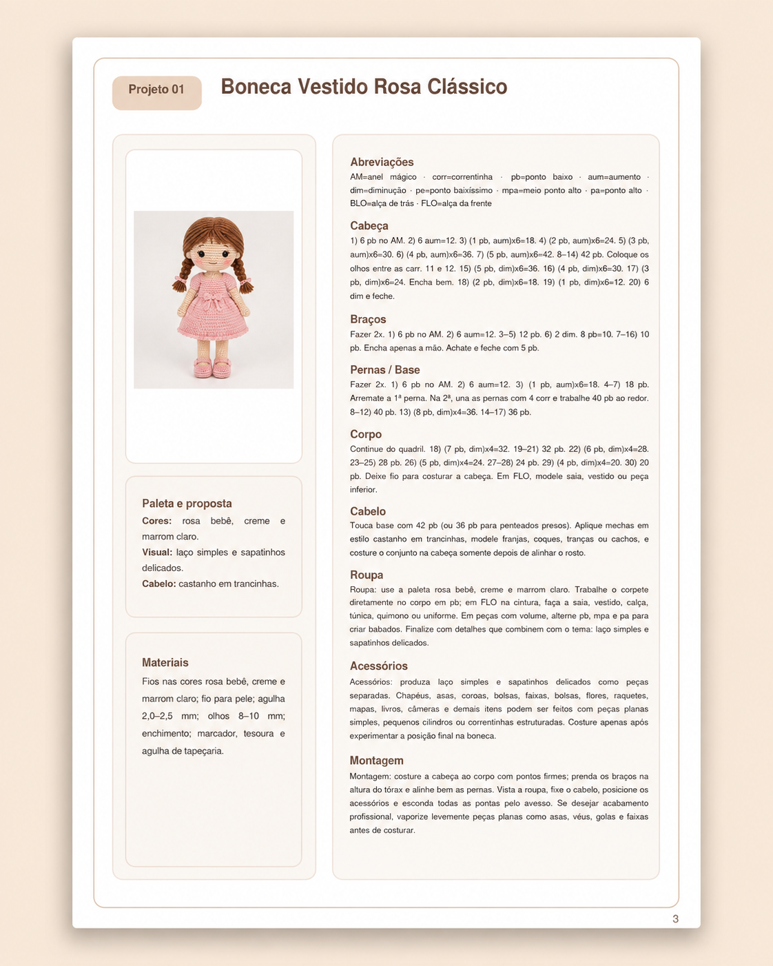 Página do PDF: Boneca Vestido Rosa Clássico com materiais e receita por partes
