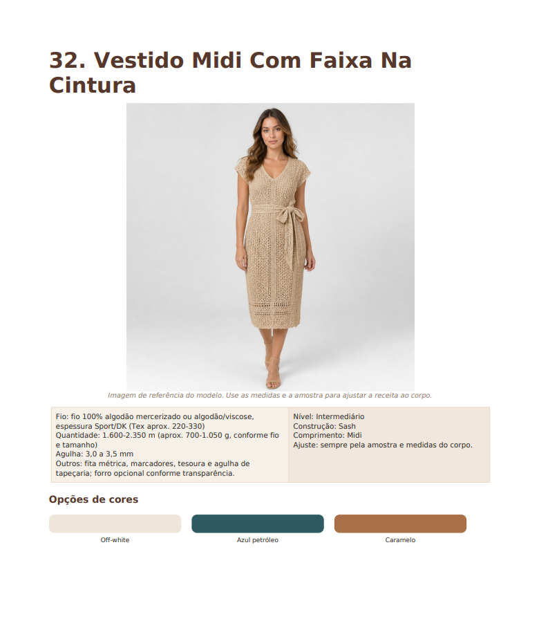Página do guia com o modelo 32 Vestido Midi com Faixa na Cintura e opções de cores