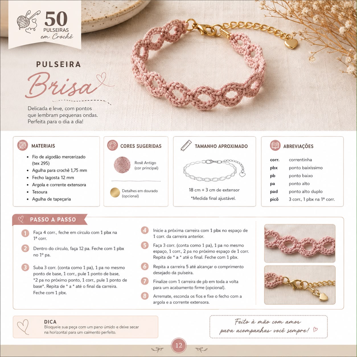 Página do PDF: Pulseira Brisa com materiais, cores sugeridas, abreviações e passo a passo