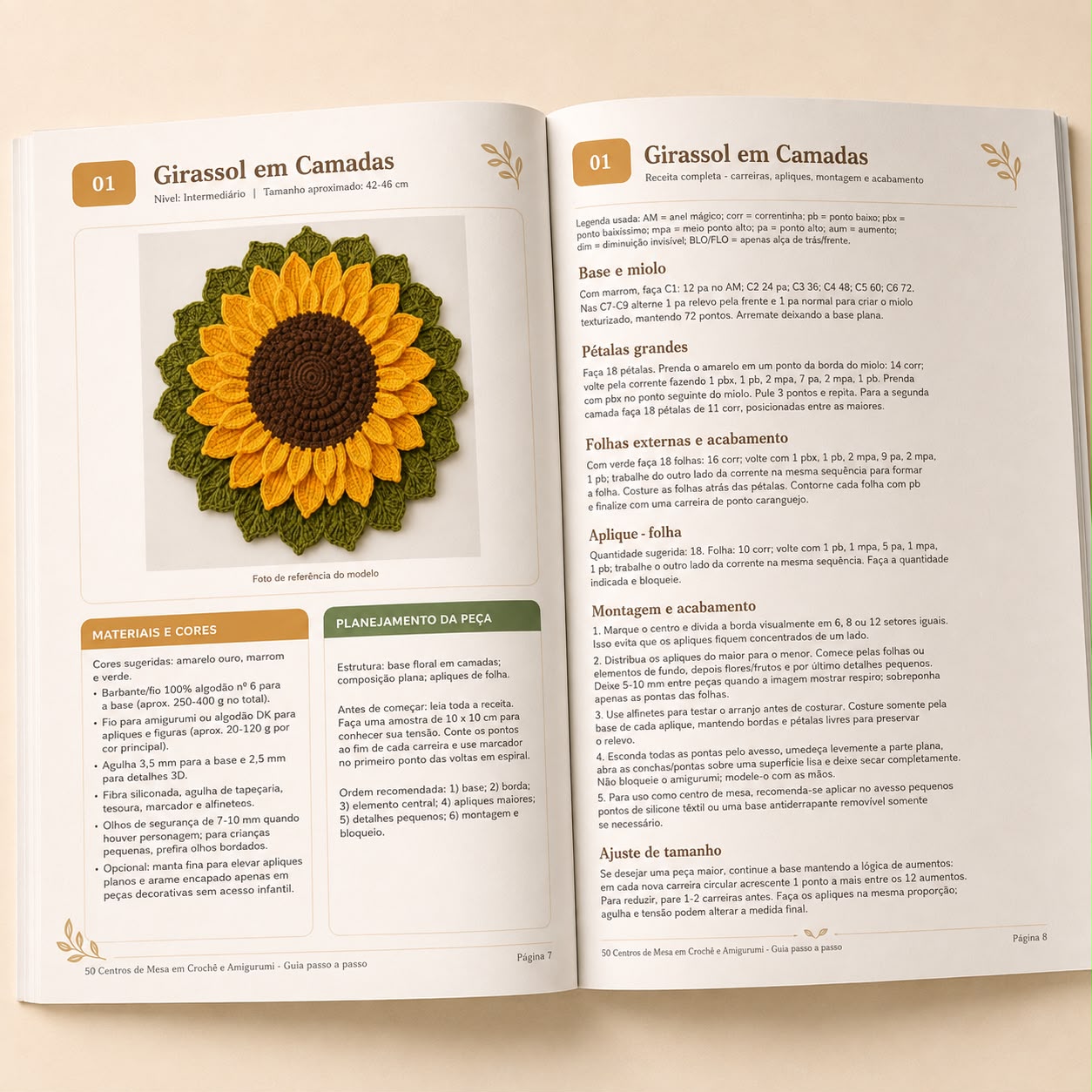 Página do PDF: Girassol em Camadas com foto, materiais e receita completa