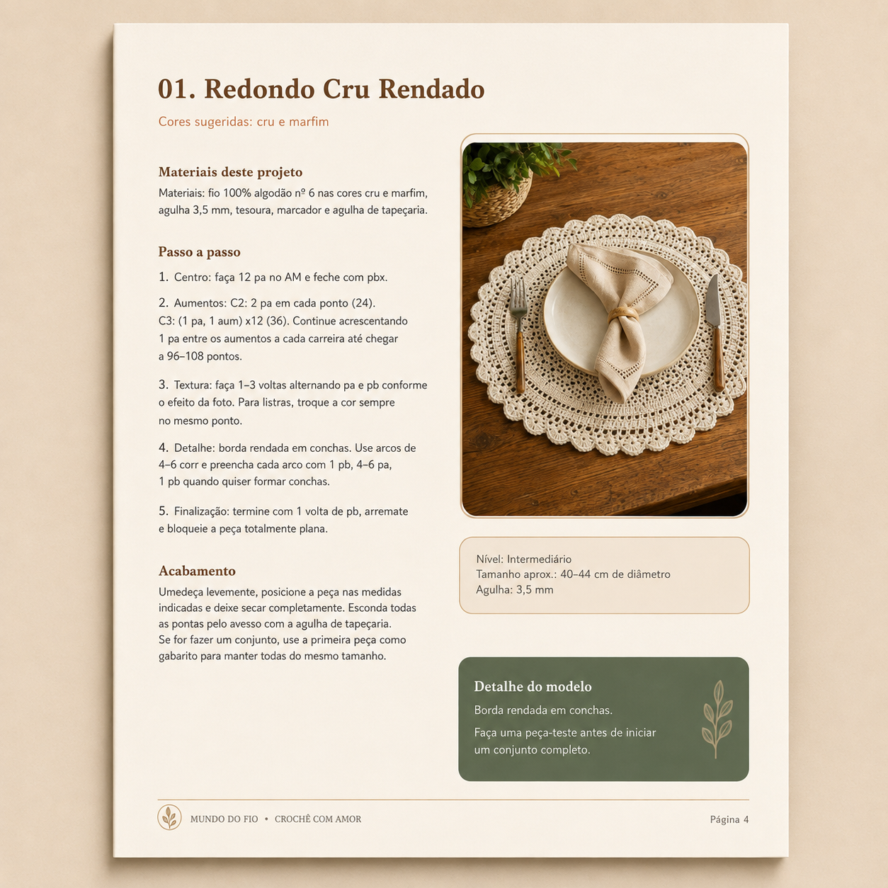 Página 01 do PDF: projeto Redondo Cru Rendado com foto, materiais, passo a passo e acabamento