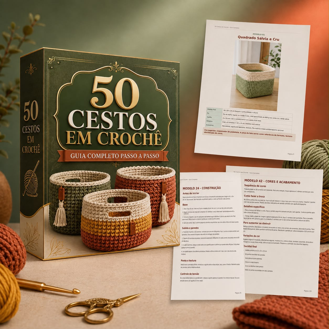 Caixa do guia 50 Cestos em Crochê com as páginas internas das receitas