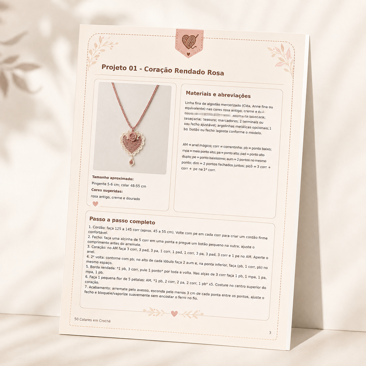 Página do PDF do colar Coração Rendado Rosa com receita do cordão e do pingente
