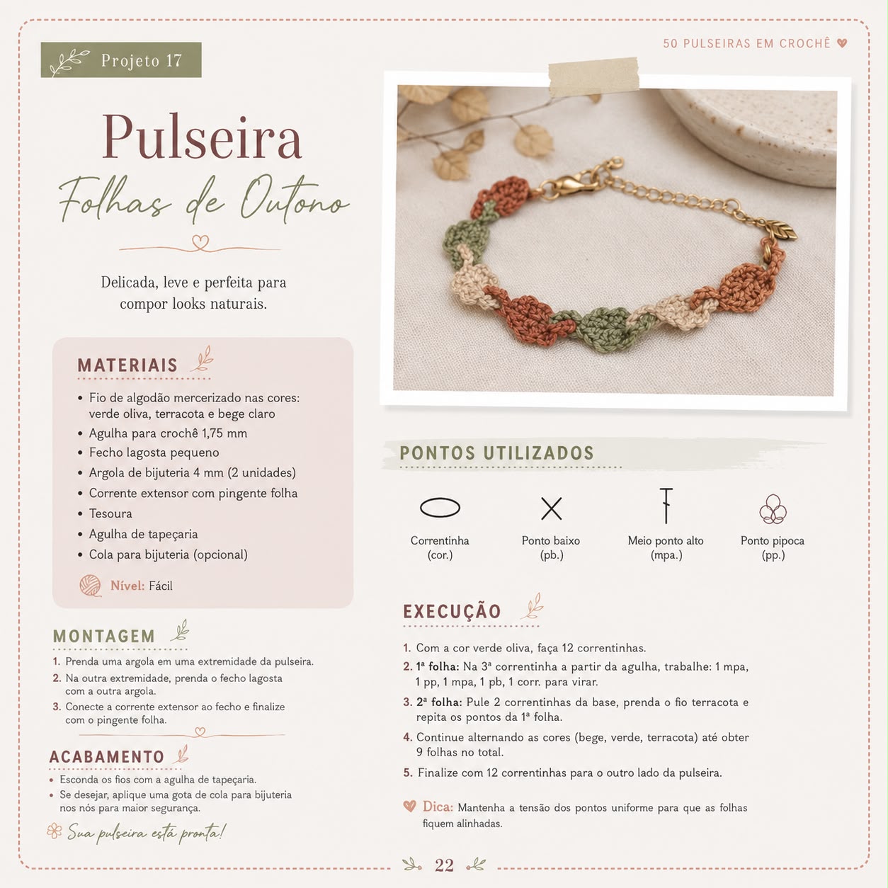 Página do PDF: Pulseira Folhas de Outono com pontos utilizados, execução e montagem