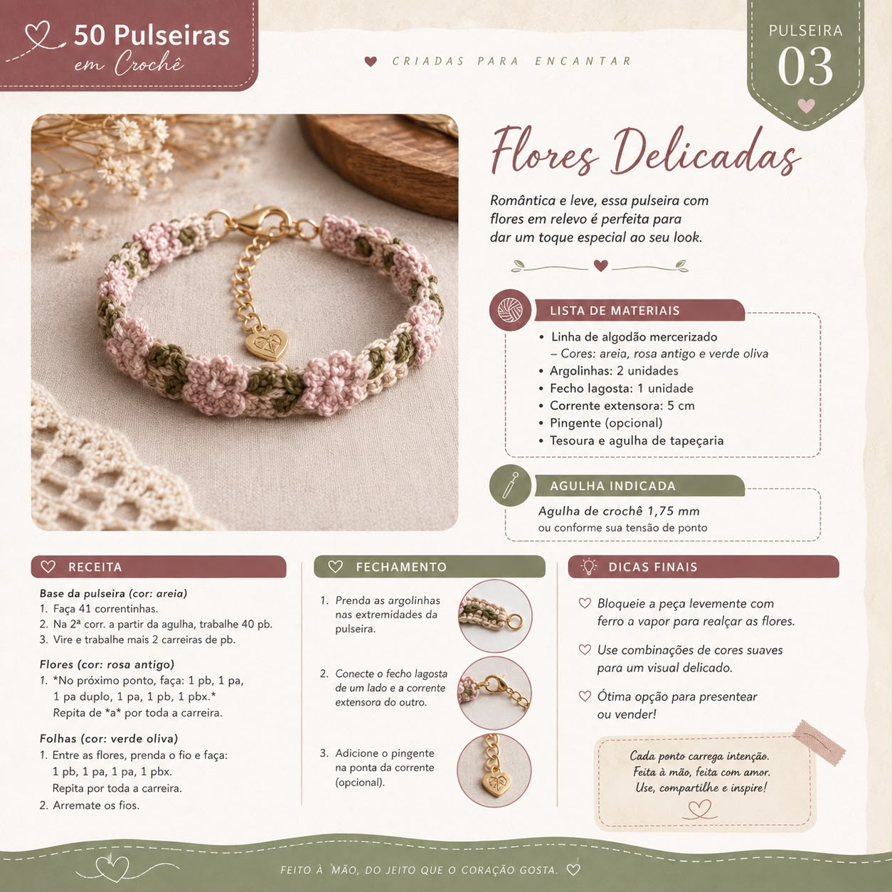 Página do PDF: Pulseira Flores Delicadas com receita, fechamento e dicas finais