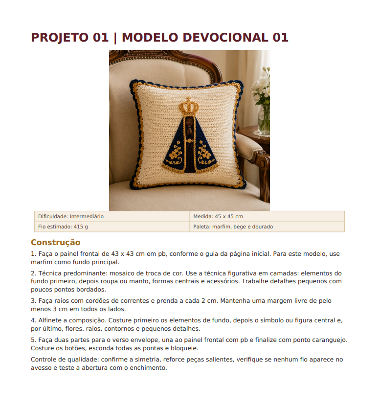 Página do PDF: modelo Nossa Senhora Aparecida com ficha técnica e construção