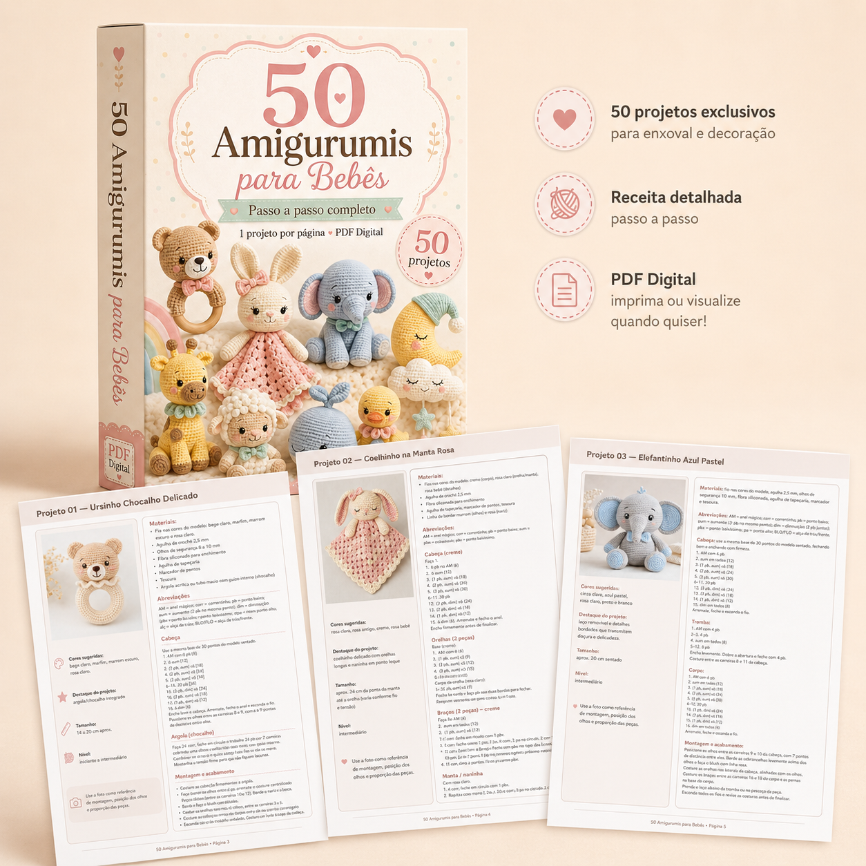 Caixa do material com as páginas internas dos amigurumis para bebês