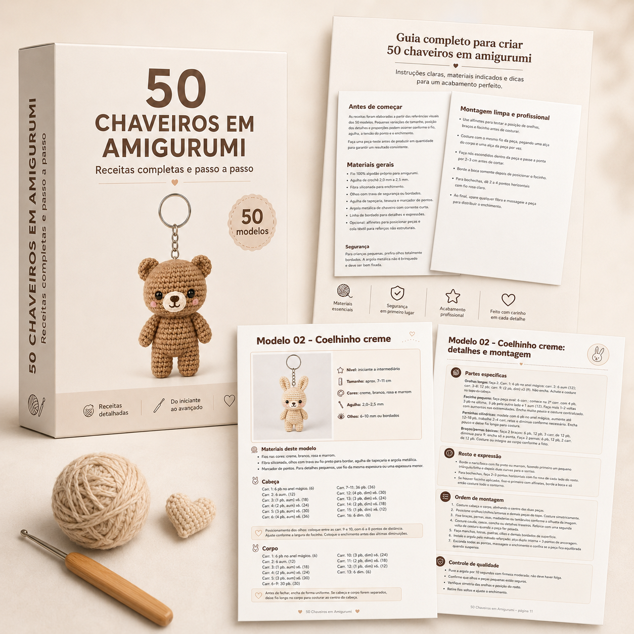 Caixa do material com as páginas internas dos chaveiros em amigurumi