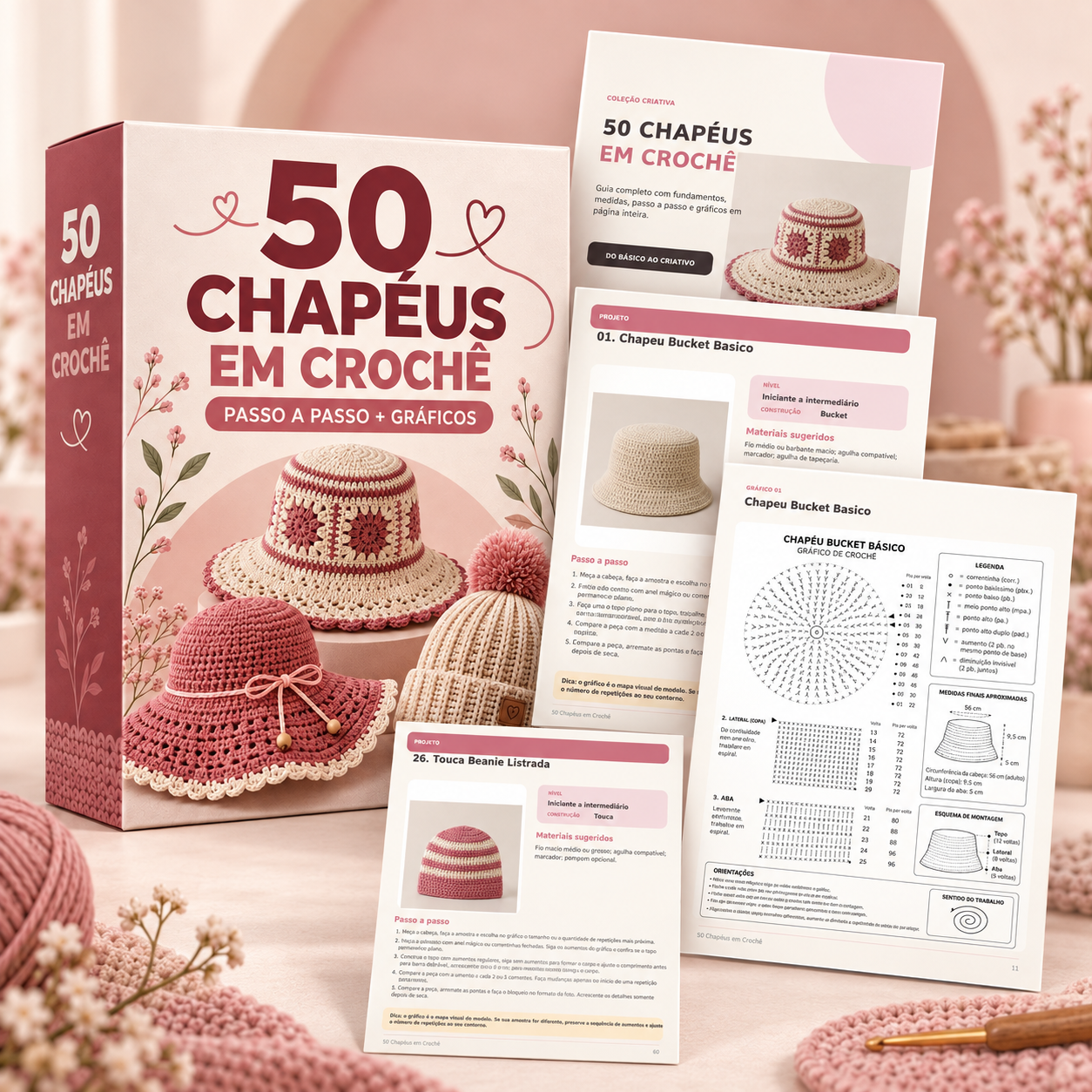 Guia 50 Chapéus em Crochê com páginas de projeto, passo a passo e gráfico