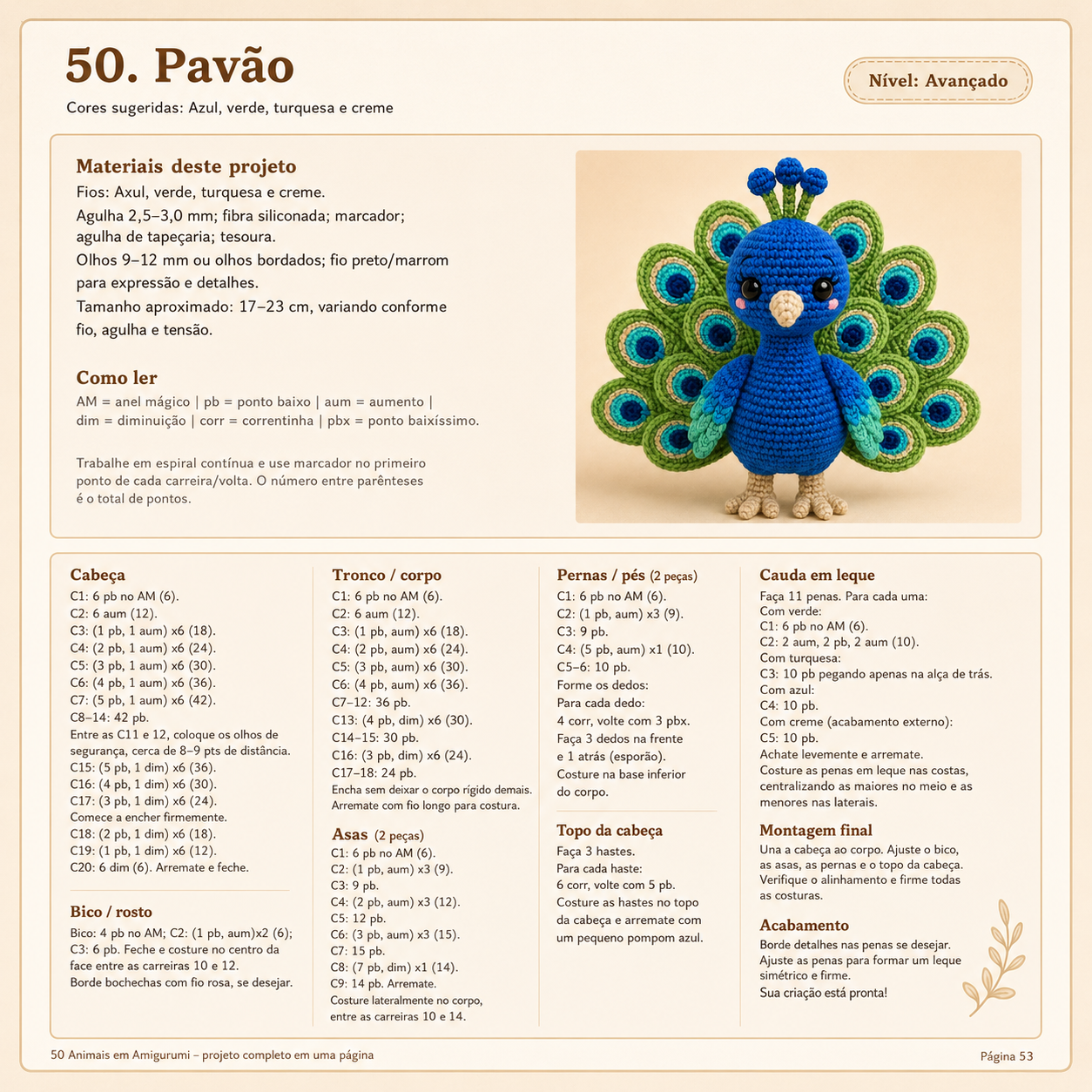 Página do projeto do pavão em amigurumi