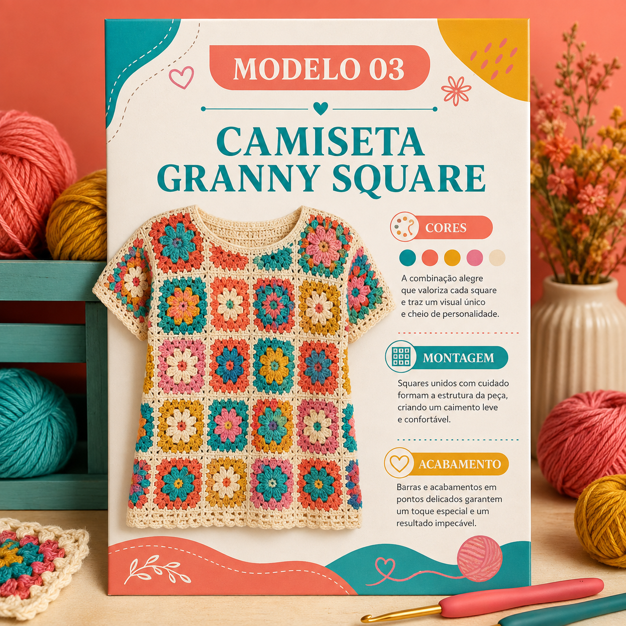 Página do guia com o Modelo 03 Camiseta Granny Square, cores, montagem e acabamento