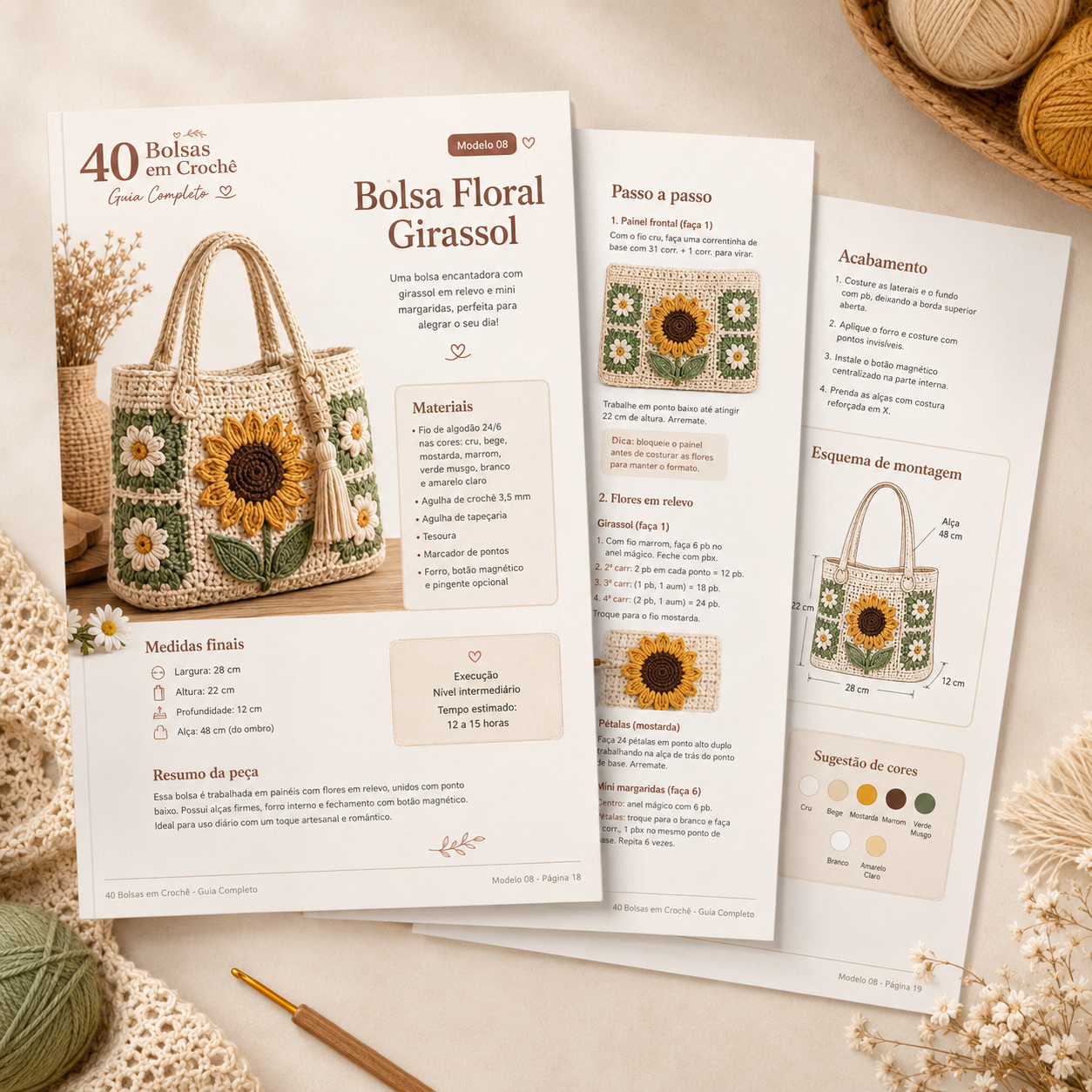 Páginas do PDF: Bolsa Floral Girassol com materiais, medidas e passo a passo