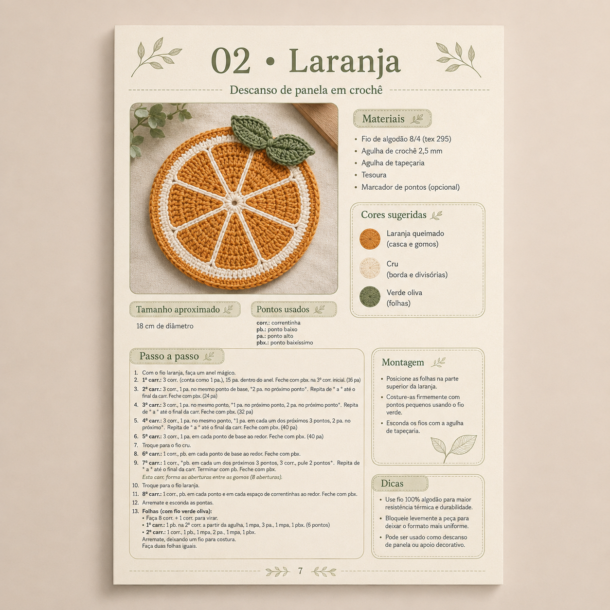 Página do PDF: projeto Laranja com foto, materiais, pontos e passo a passo