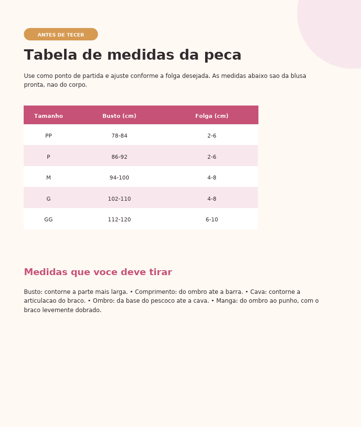 Tabela de medidas da peça com tamanhos e folgas