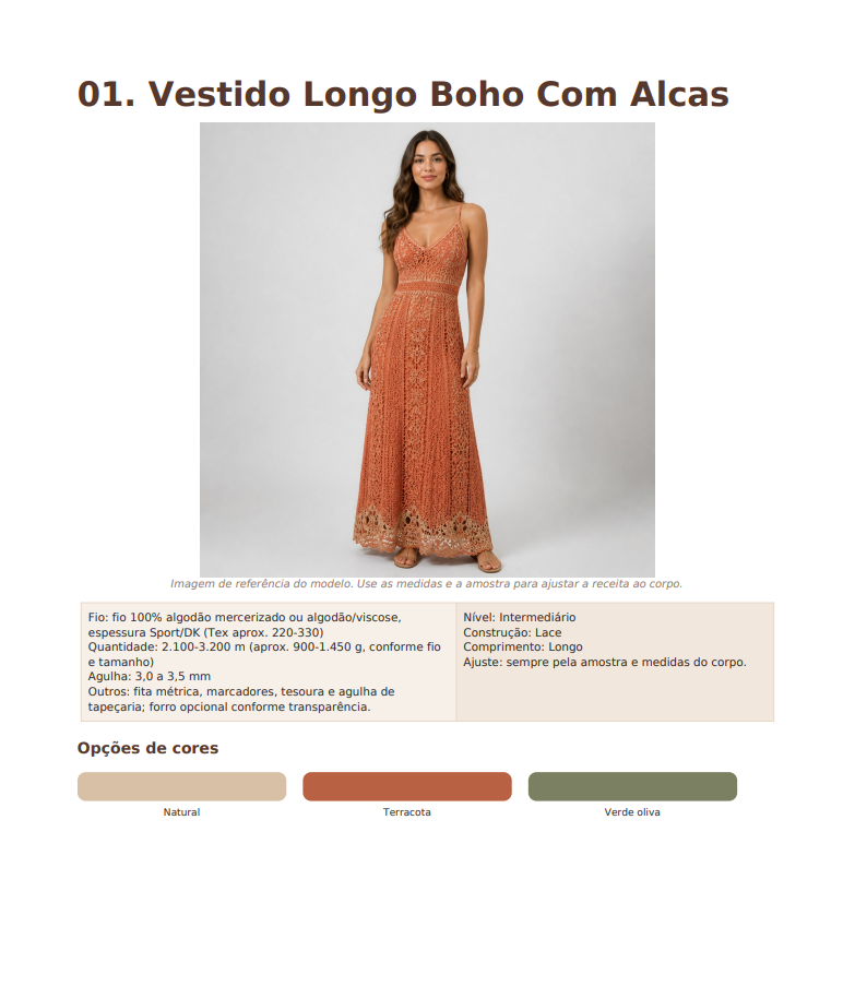 Página do guia com o modelo 01 Vestido Longo Boho com alças, materiais e opções de cores