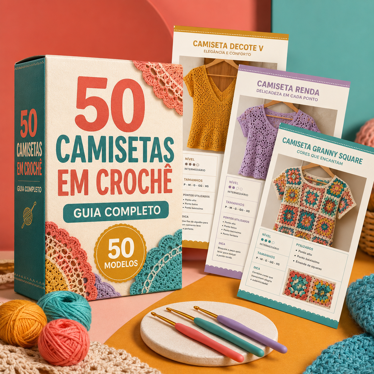 Caixa do guia 50 Camisetas em Crochê com as páginas internas dos modelos
