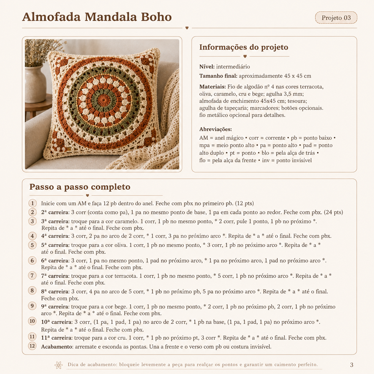 Página do PDF: Almofada Mandala Boho com passo a passo completo