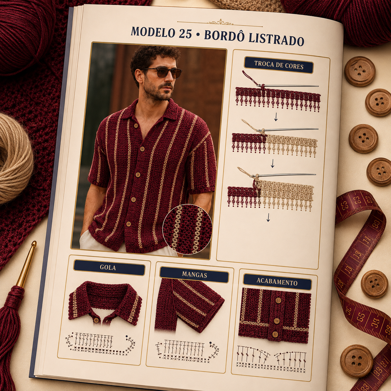 Página do guia com o Modelo 25 Bordô Listrado: gola, mangas, acabamento e trocas de cores