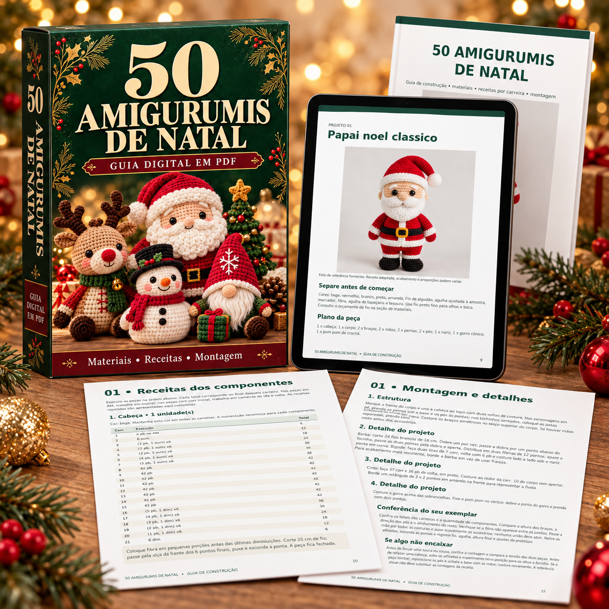Caixa do guia 50 Amigurumis de Natal em Crochê com tablet e páginas do PDF abertas